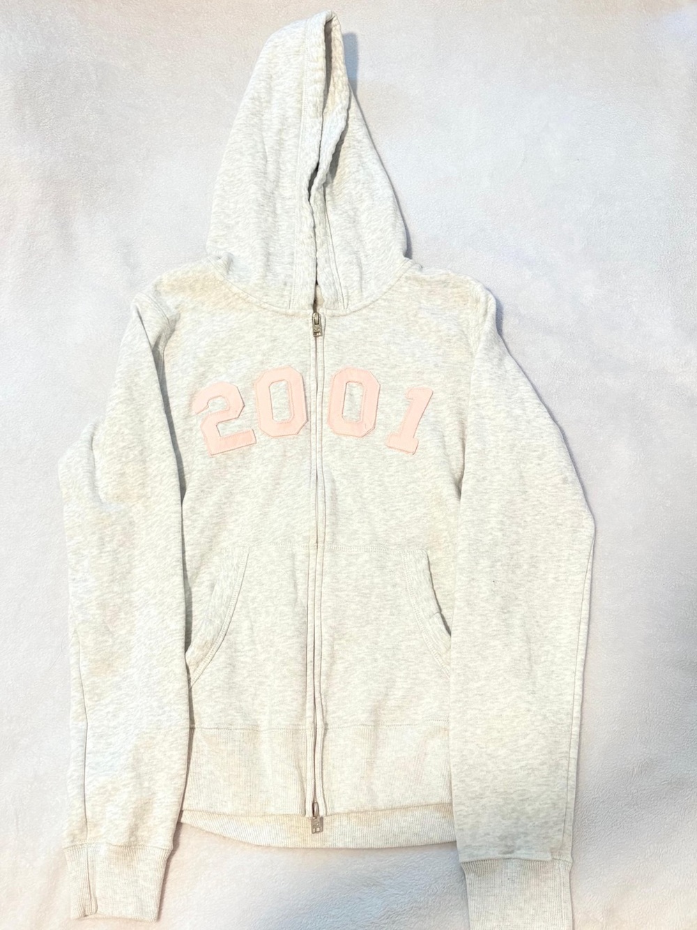 Hollister Light Gray Zip Hoodie with Pink '2001' Patch